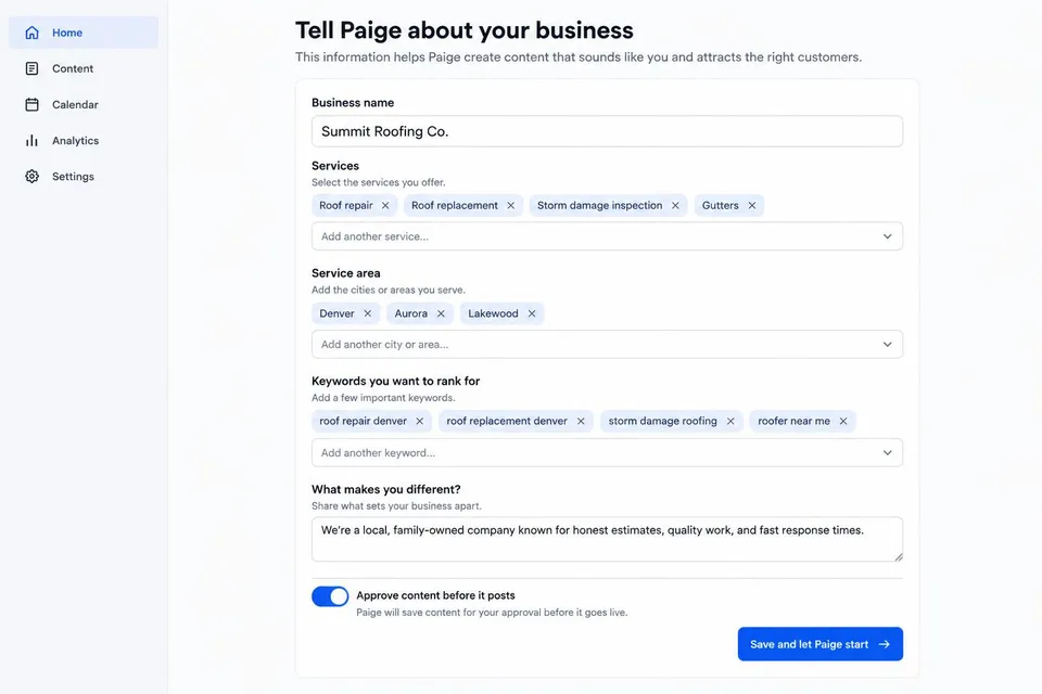 Sample screen: business facts form with services, service area and approval setting