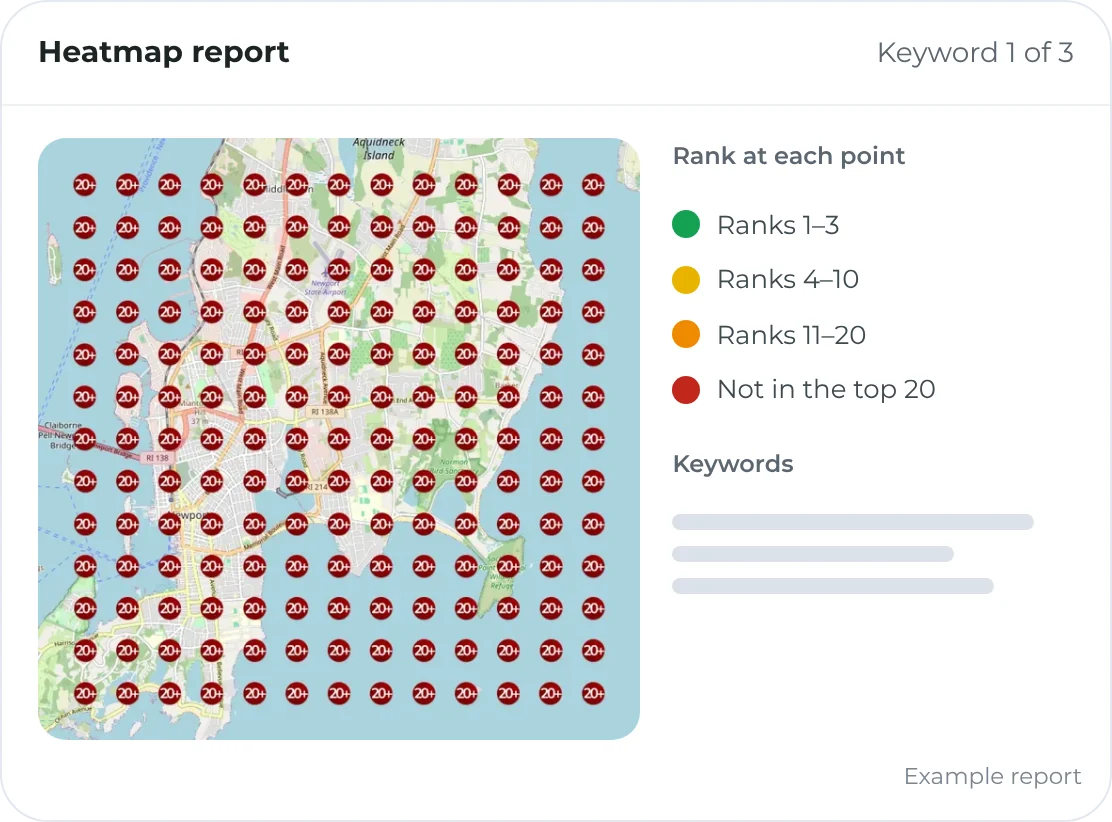 Example Google Maps heatmap report: a grid of rank pins across a service area
